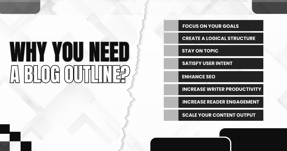 Reasons to create a blog outline: stay focused, enhance SEO, boost productivity, and engagement.