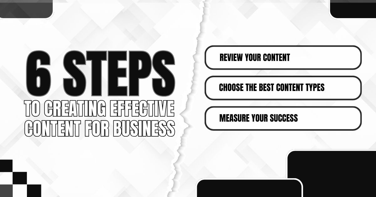 6 Steps to Creating Effective Content for Business" with steps: review, content types, measure.